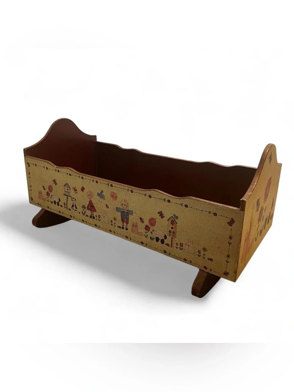 Vintage 90s Country Folk Art Wooden Rocking Doll Cradle Bed